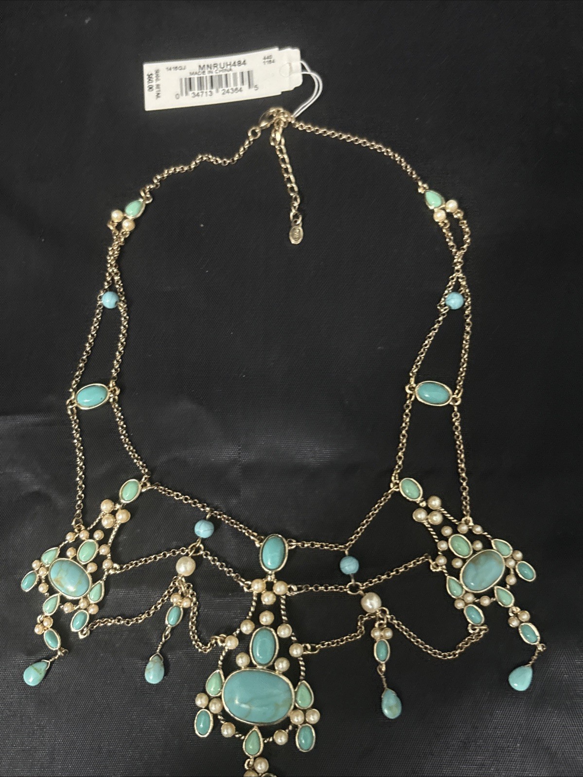 Monet Festoon Necklace Gold Tone, Faux Pearl Victorian Revival Design 15”