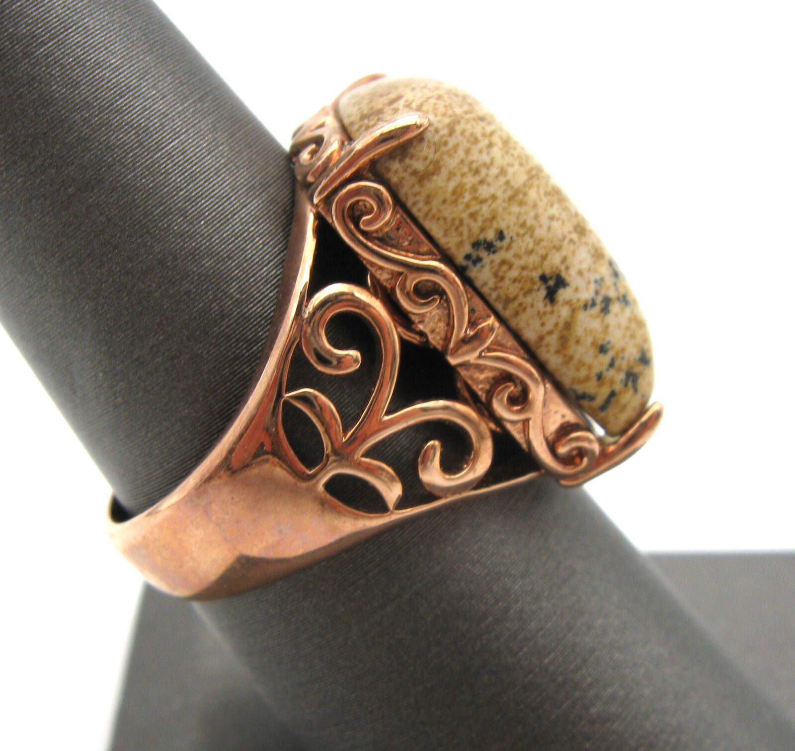 Vintage Jasper Stone Filigree Rose Gold Plated Ring Signed JZ Size 8