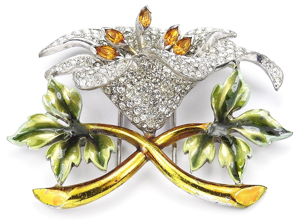 Dujay Pave and Metallic Enamel Orchid with Topaz Stamens Flower Pin Clip