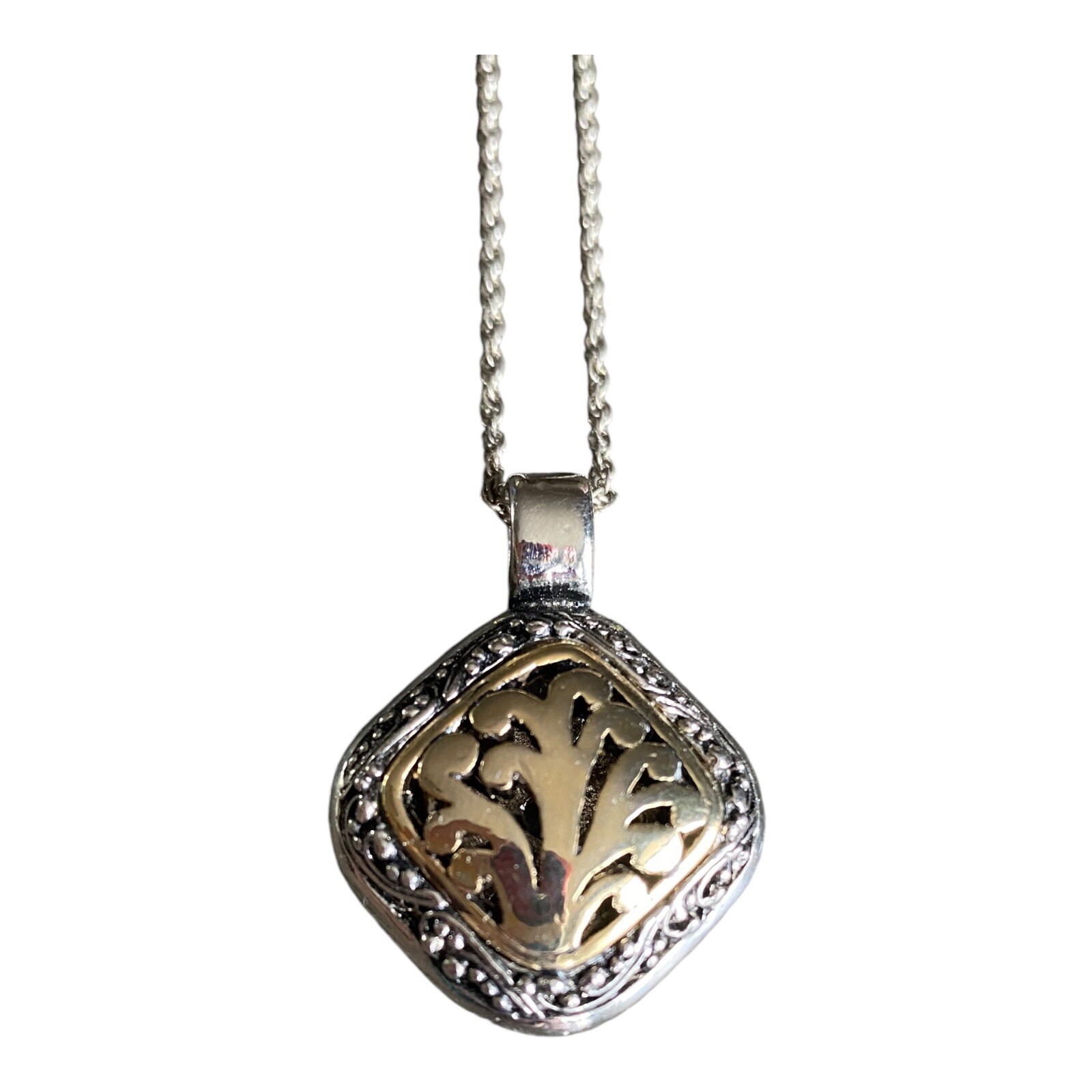 Vintage Two Tone Scroll Pendant And Silver Necklace Chain Signed SN C289