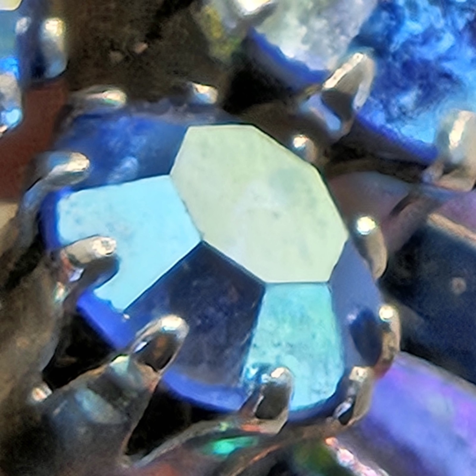 Vintage AB Rhinestone Brooch Flower Dome Cluster Peacock Blue Color