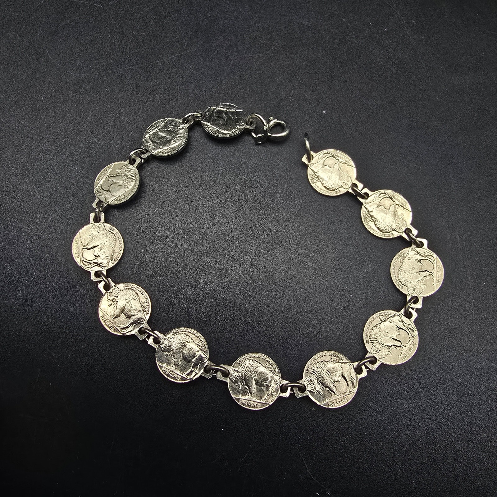 Vintage Faux Buffalo Nickel Coin Bracelet Silver Tone Currency Jewelry