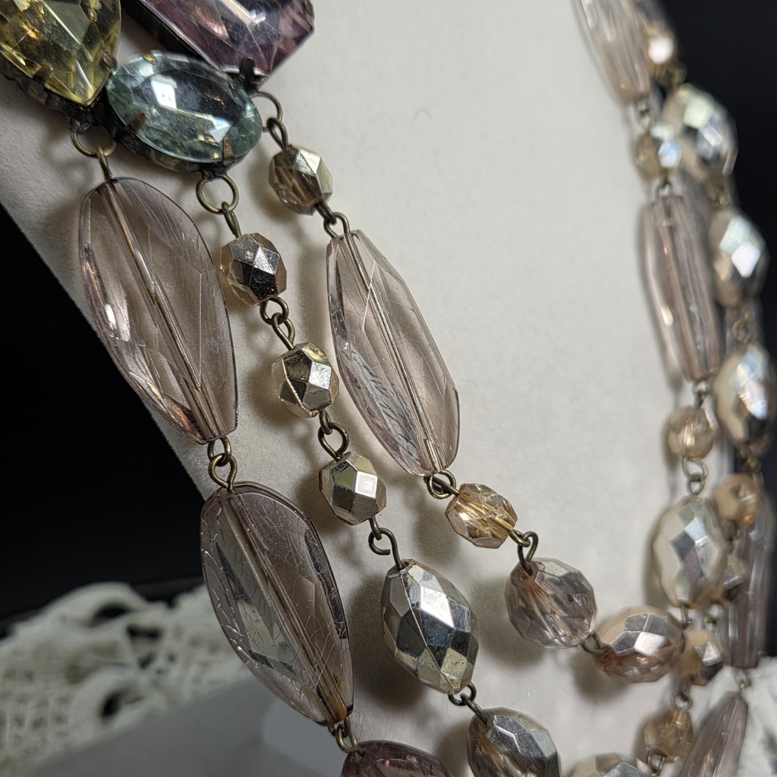 Fabulous Vintage Faceted Lucite Multistrand Statement Necklace Pastel Large Gems