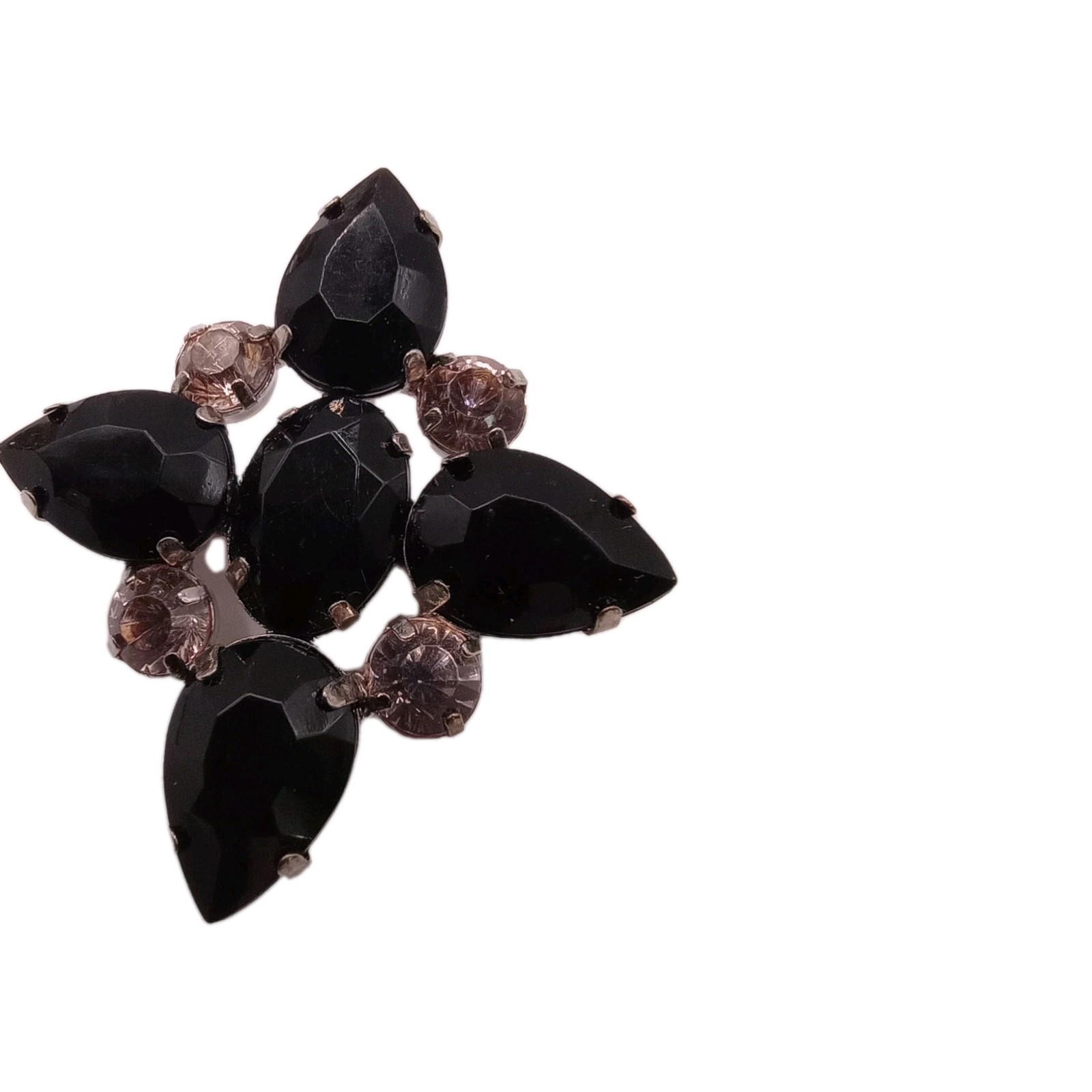 Vintage Black Smoky Rhinestone Floral Brooch Cluster Prong Set Pin 1 3/4 D