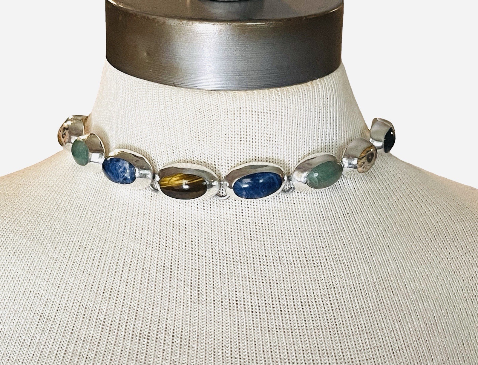 VTG Sterling Silver 925 TZ-17 Taxco Oval Multi Gem Stone Chunky Necklace Mexico