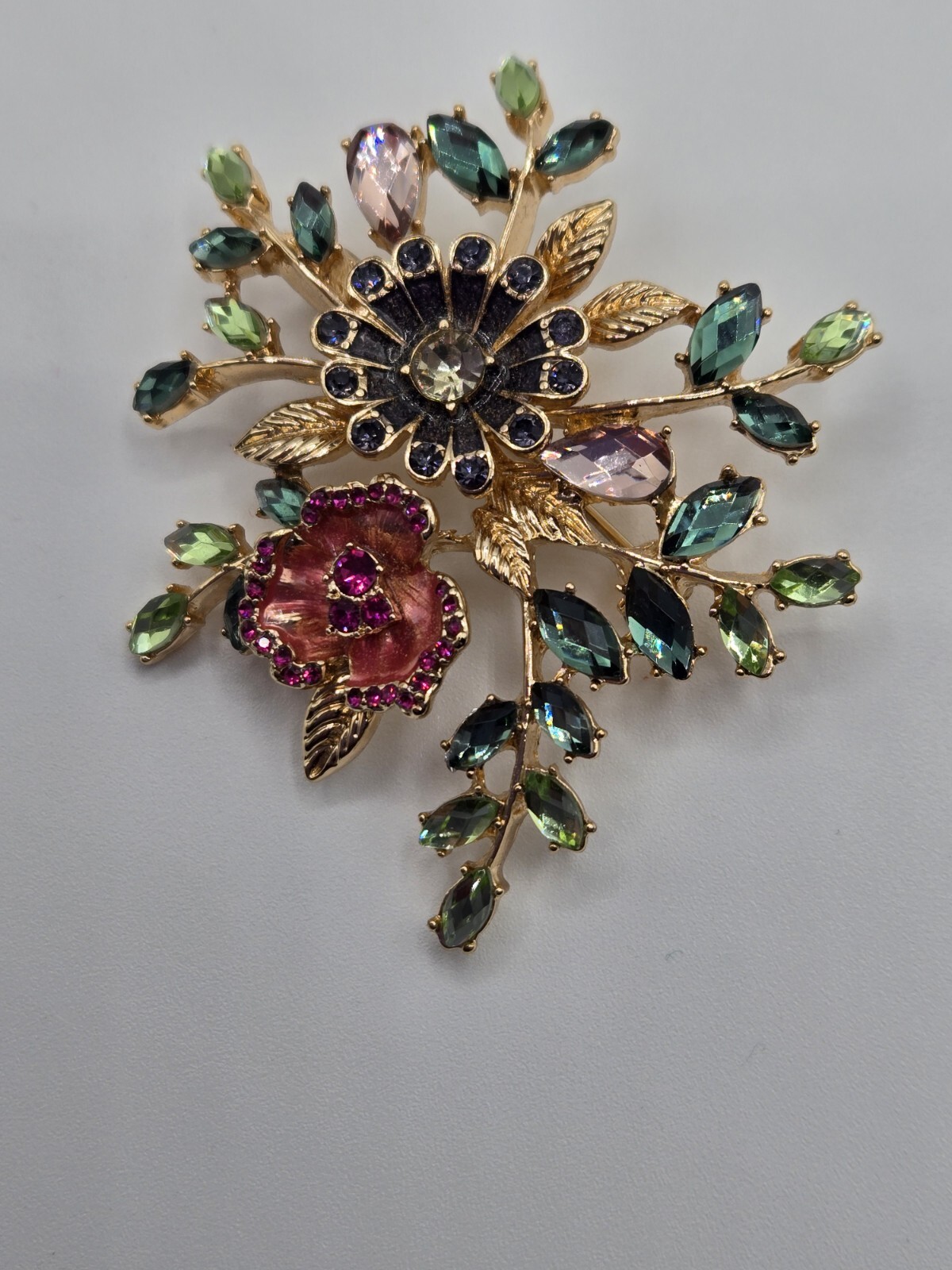 Napier Flower Brooch Gold Tone Enamel Green White Pink Purple Stones