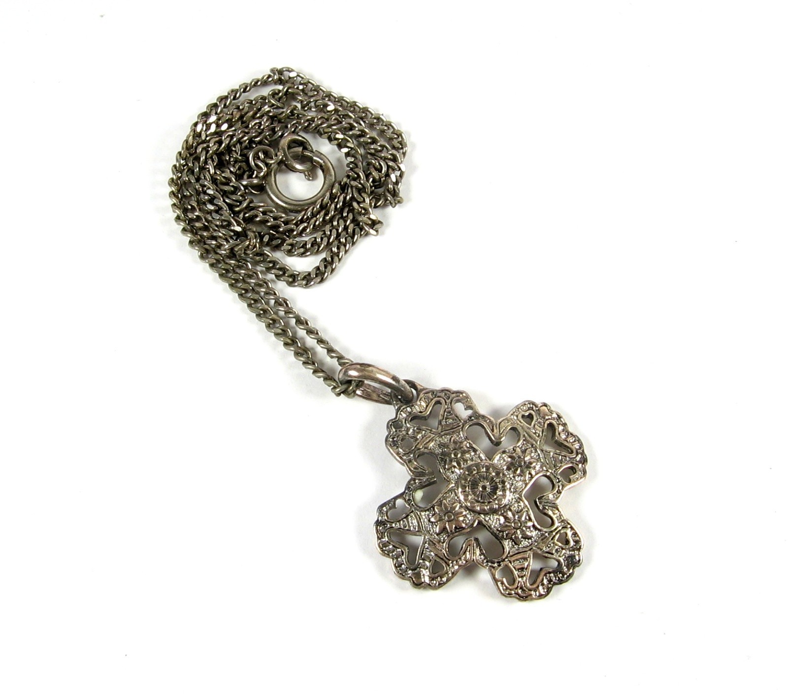 Maltese Cross PREMIER DESIGNS Pendant NECKLACE Vtg Silvertone Flowers Hearts 24″