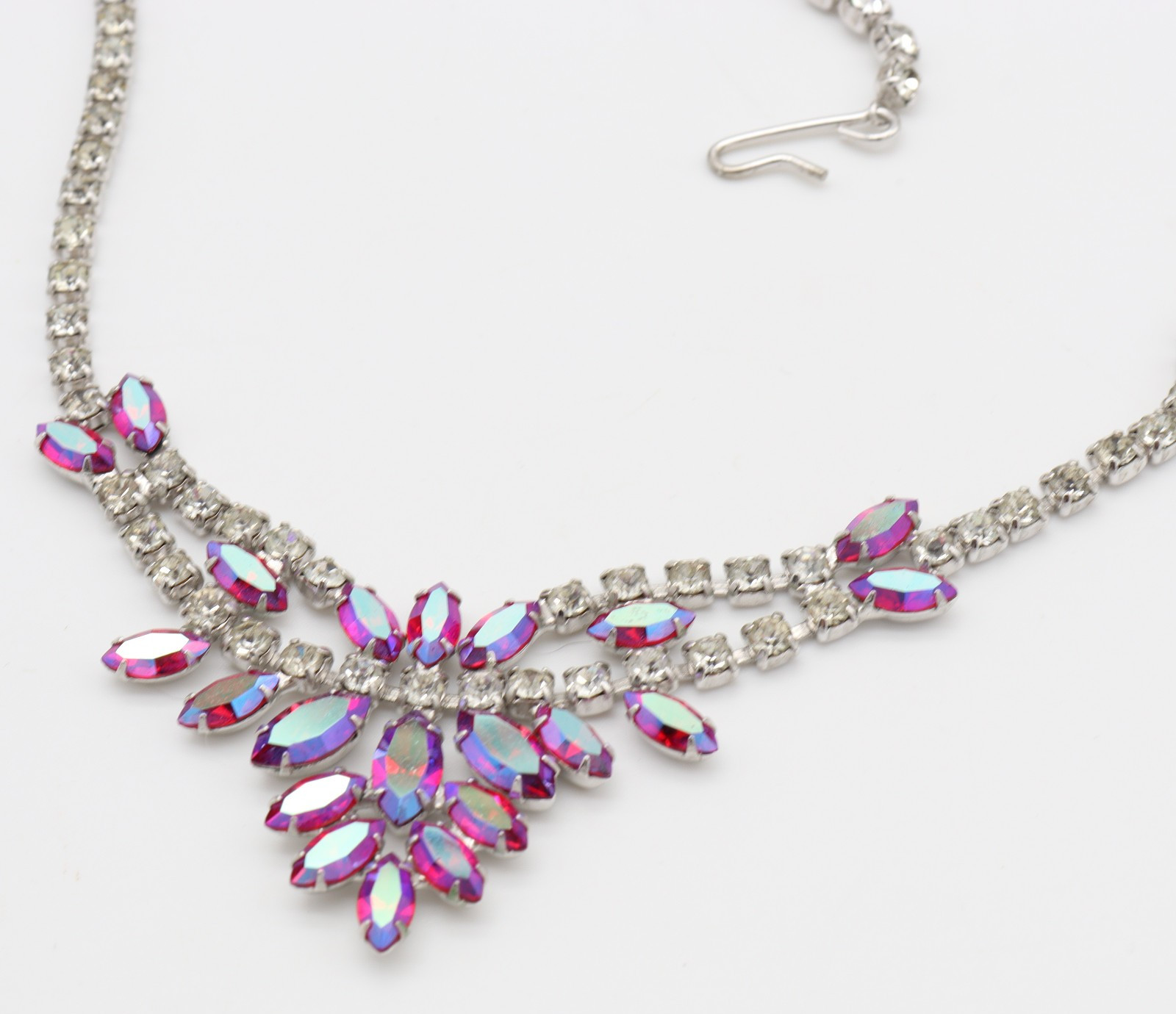 Vtg B. David Rhinestone Necklace Pink AB Red Clear Choker Signed Marquise