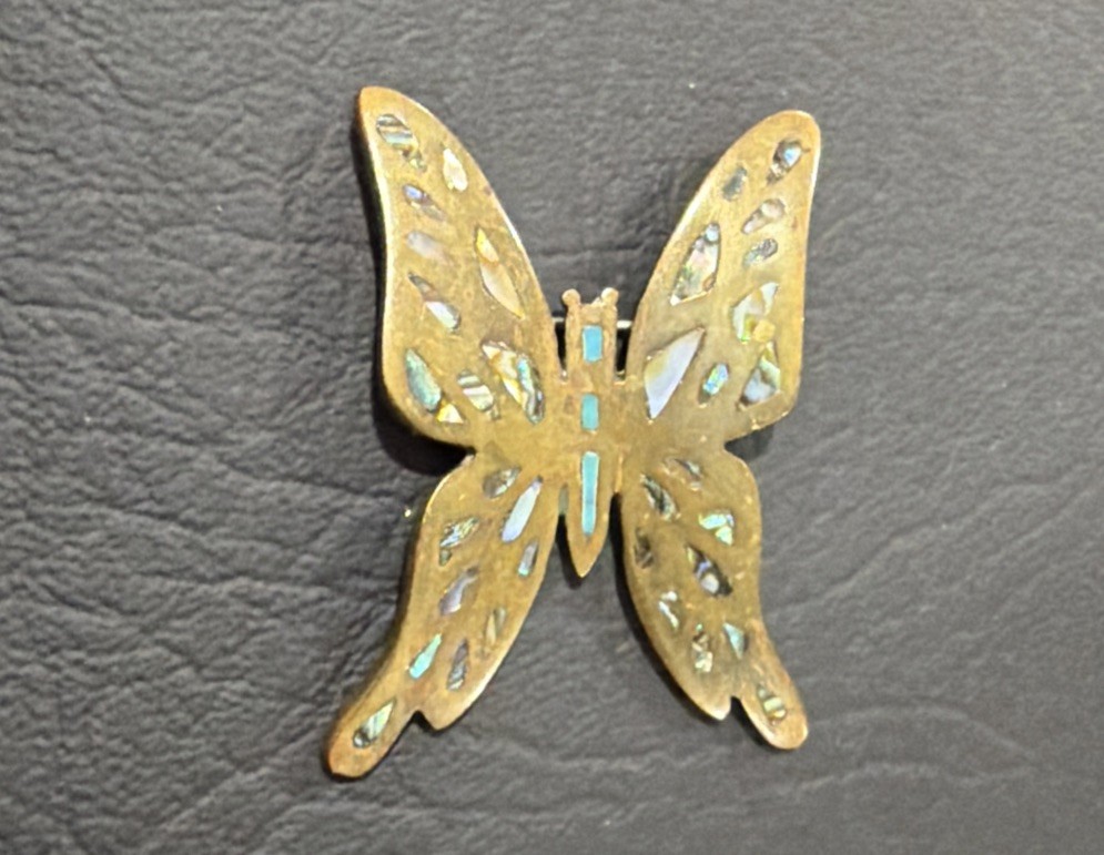 vintage Los Castillo Taxco Butterfly Brooch Inlay Mosaic Mexico Sterling Silver