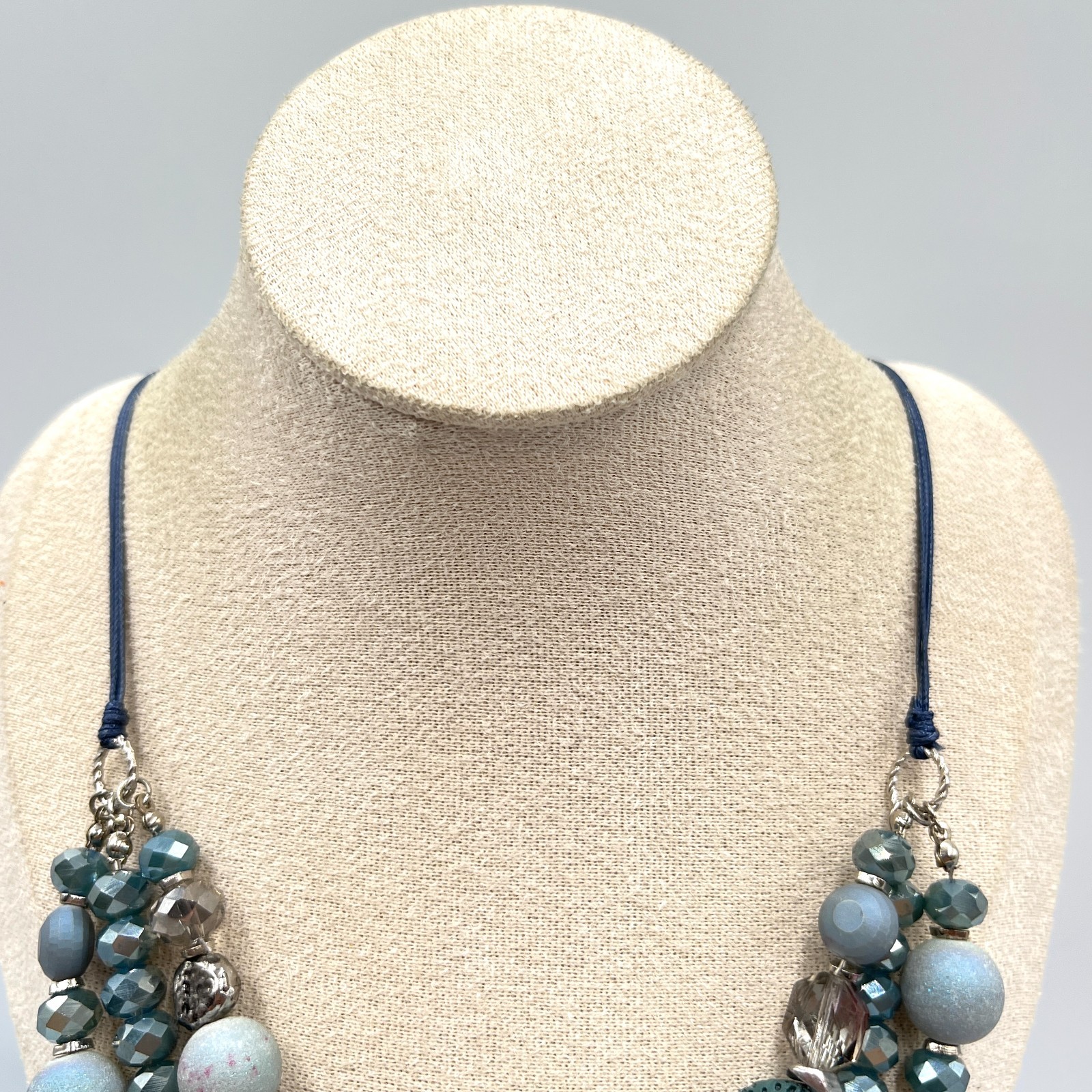 VTG Boho Slate Blue Multi-Strand Statement Necklace Lava Rock Beaded Layered Y2K