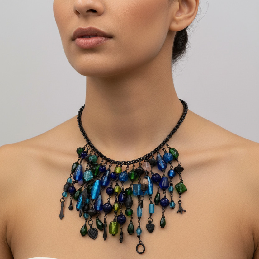 Vintage Glass Beaded Bib Collar Necklace Blue Green Fringe Gunmetal Chunky BinBQ