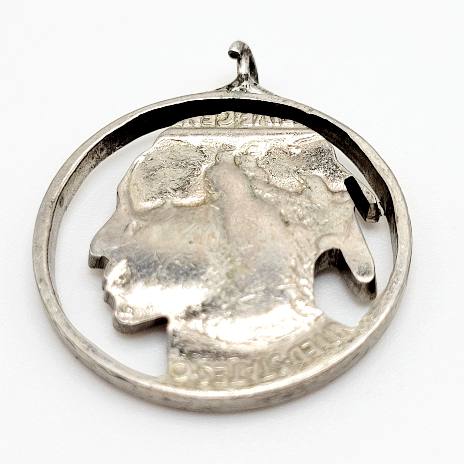 Shiny Buffalo Indian Nickel Silver Tone Cut Coin Pendant Cracked Bail For Repair