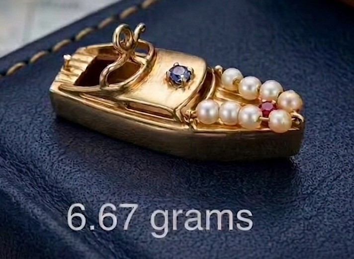 1955 Antique 14k Solid Yellow Gold Boat Charm Pendant Ruby Sapphire Pearls RARE