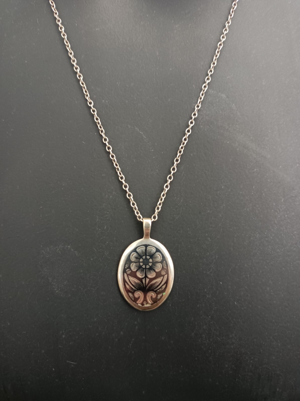 Russian Niello Necklace Silver 875 Floral Oval Traditional Pendant Vintage Long