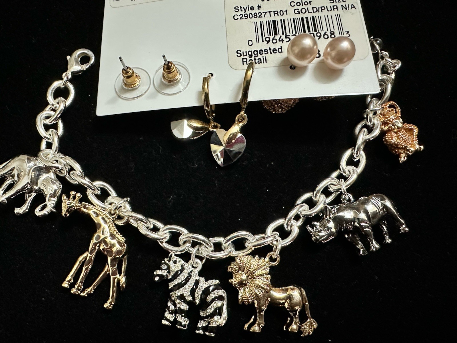 Napier Silver Tone Safari Themed Charm Bracelet Ashley Cooper Pierced Earrings