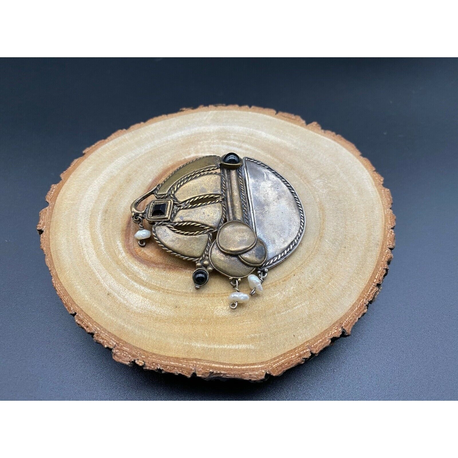 Vintage Modernist Abstract Pearl Mixed Metal Sterling Silver Brass Pin Brooch