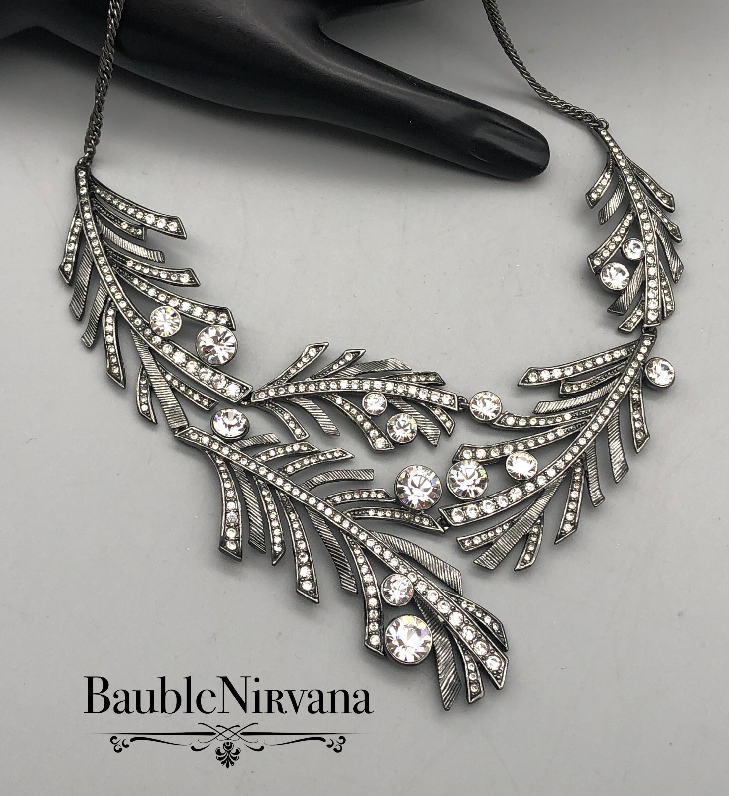 Givenchy Gun Metal & Rhinestone Textured Leaves Statement Bib Necklace WOW!!