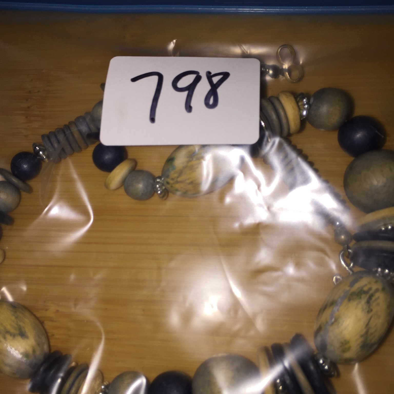Vintage Beaded Statement Necklace Wood Acrylic Choker Blue Yellow Boho Chic