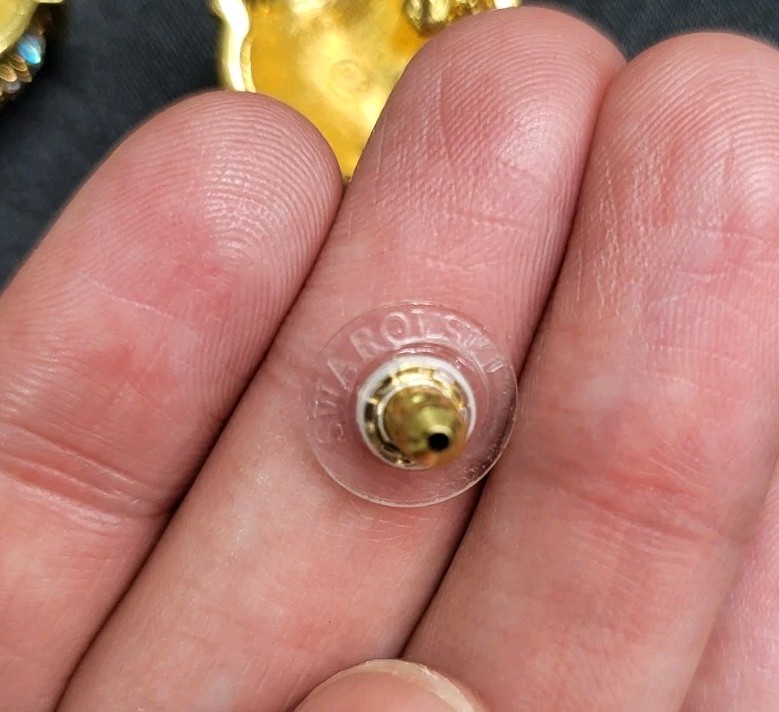 Vintage Signed Swarovski Gold Tone Pave Crystal Dome Barrel Stud Earrings