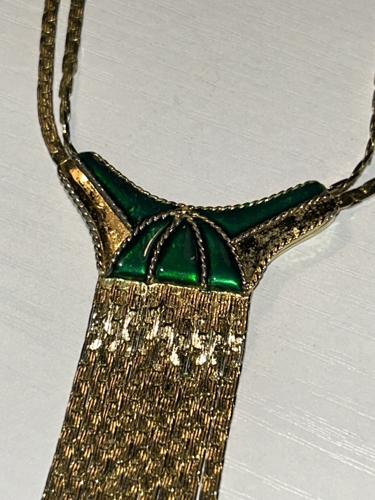 Vintage 1865 Signed Egyptian Revival Green Enamel Fringe Tassel Necklace 60s 64g