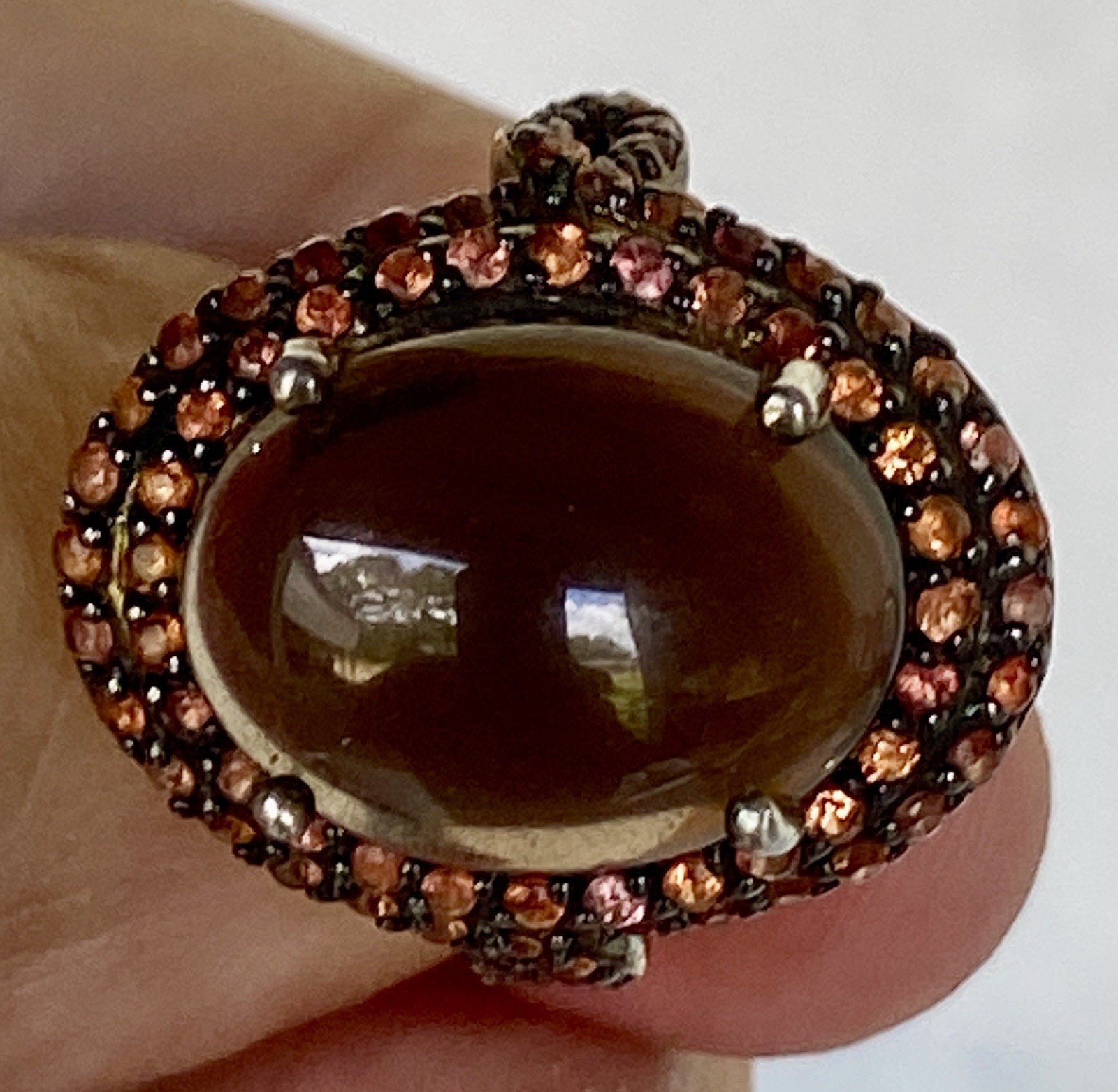 Clear Brown Stone w/Tiny Peach Stones Gold Plated Sterling Silver Ring TH , Sz 7