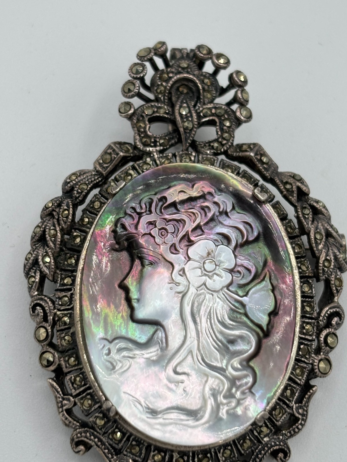 Antique German Art Deco 925 Sterling Silver Marcasite Cameo Brooch Pendant 33.2g