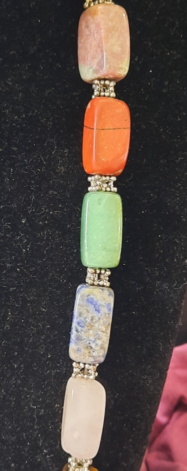 Vintage 21″ Natural Gemstone Necklace – Tiger’s Eye Jade Sodalite Coral Silver