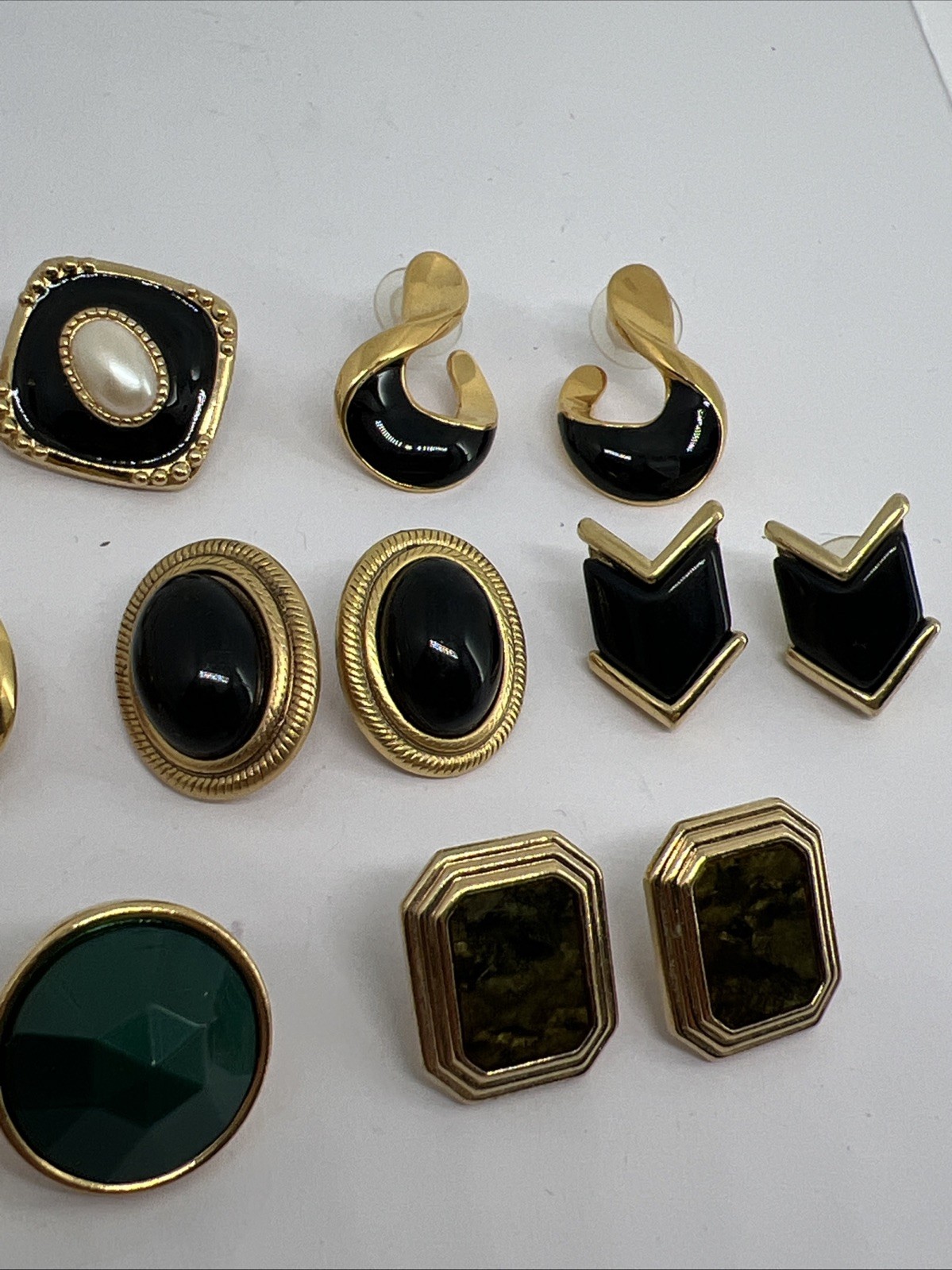 8 Vintage Goldtone Black Enamel Green Pierced Earrings Monet Trifari Avon