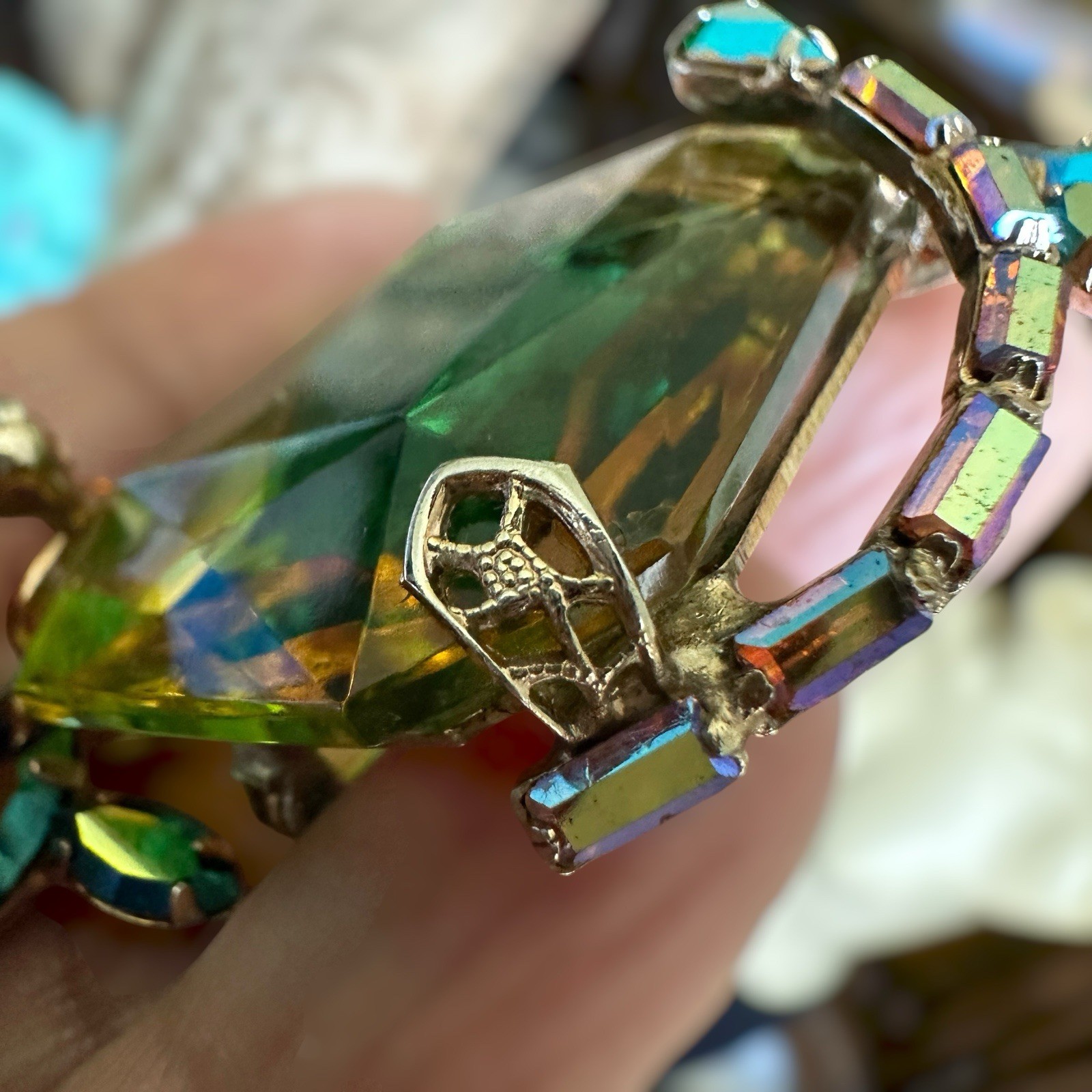 VTG Shadowbox Cocktail Brooch 2 Inch Vitrail Emerald Cut Blue AB Gold Filigree