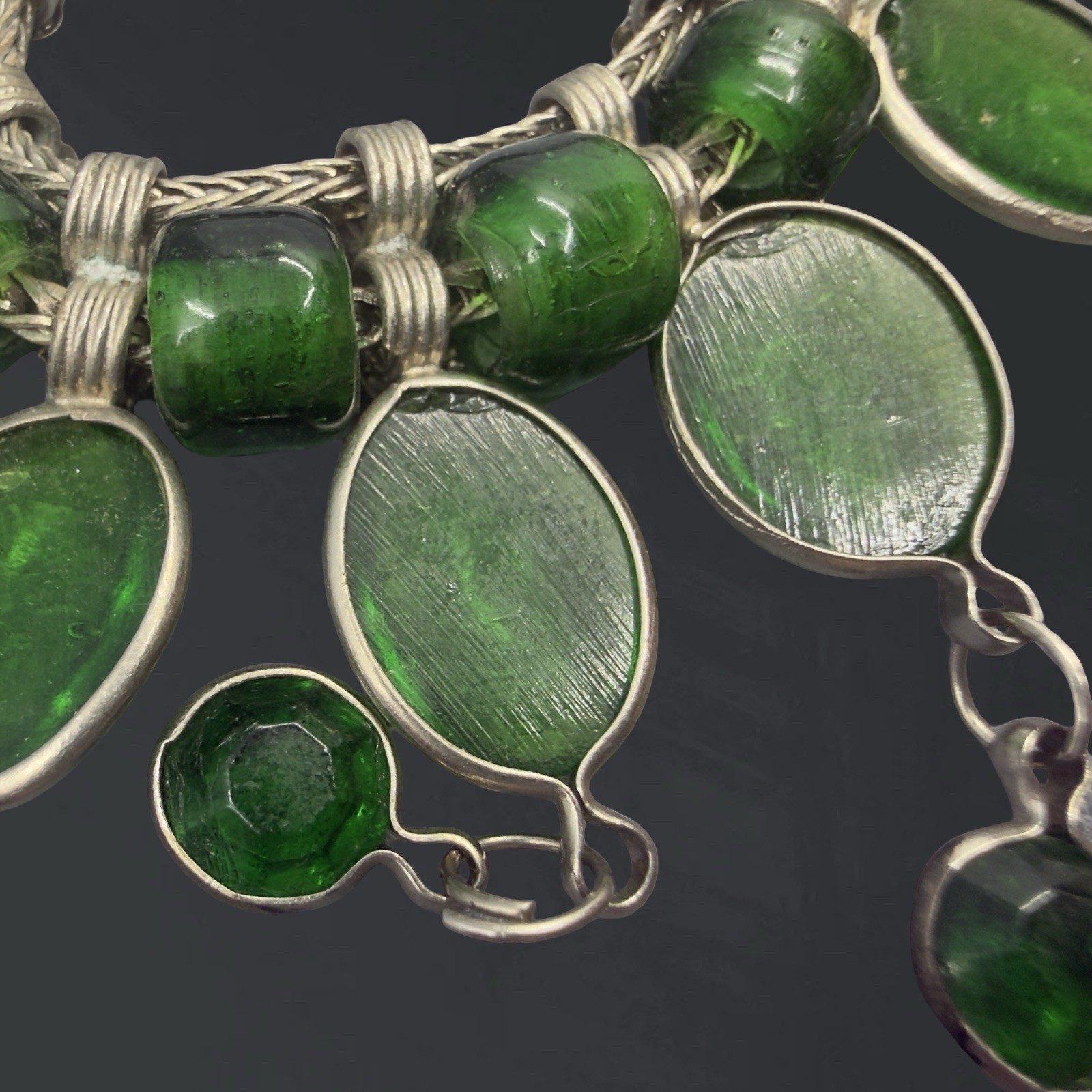 Vintage BOHO Bib Necklace GREEN GLASS Southwest Artisan Drop Dangle India Silver