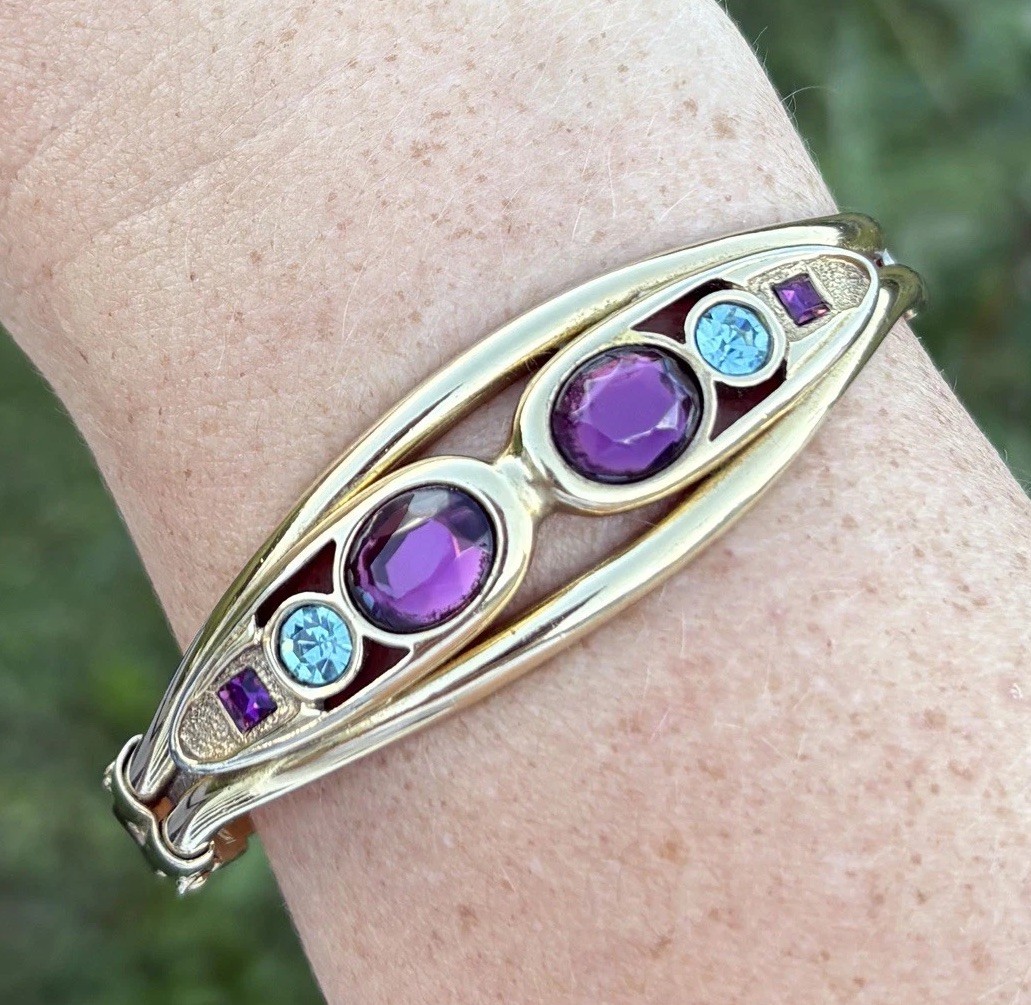 Vintage Clamper Bracelet Gold Tone, Purple And Blue Stones
