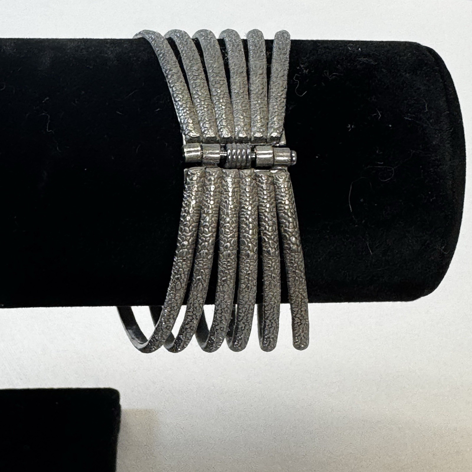 Vintage Grey Metal Scalloped Front Opening Hinged Cuff Bracelet