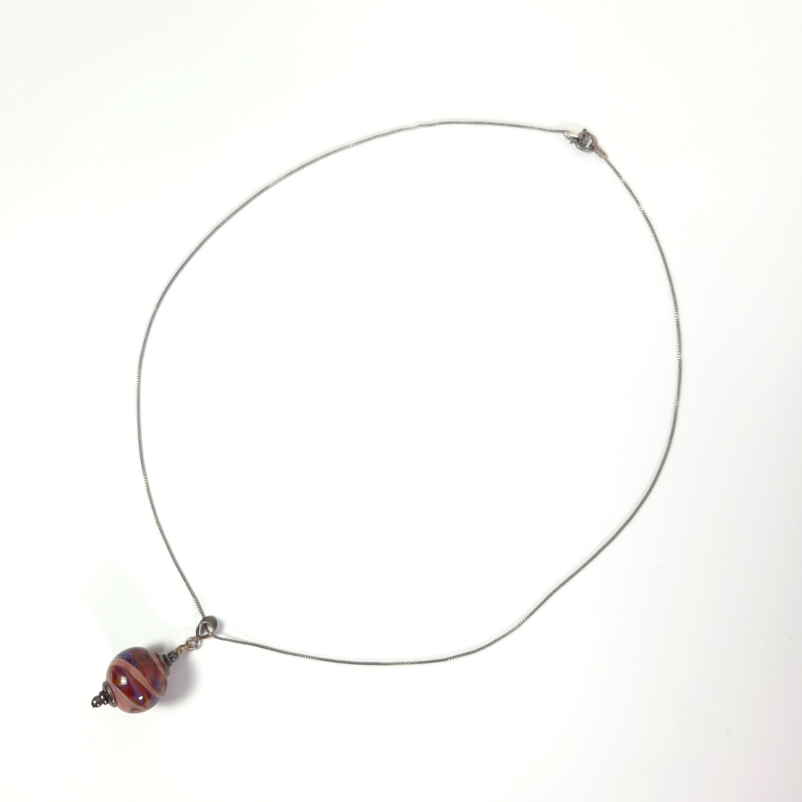 925 Sterling Silver Chain Necklace w Colorful Murano Lampwork Glass Bead Pendant