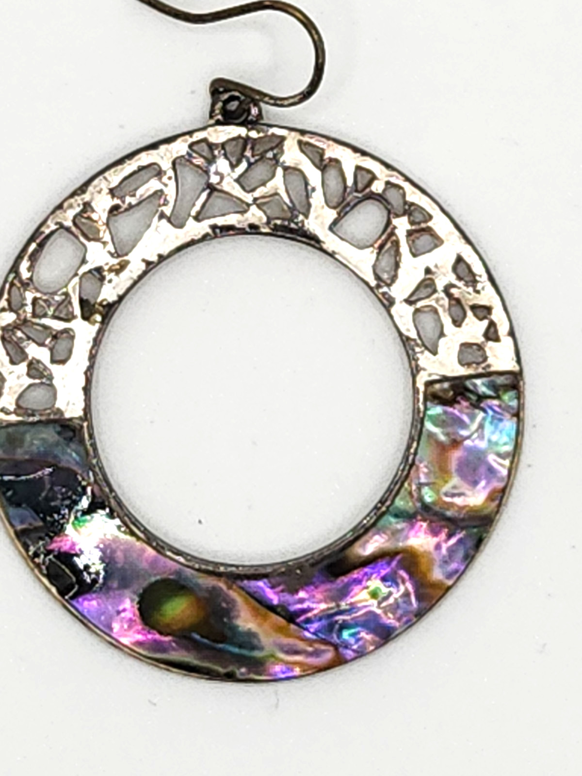 Vintage Abalone Open Circle Silver Earrings Signed KC Hook Mother Of Pearl