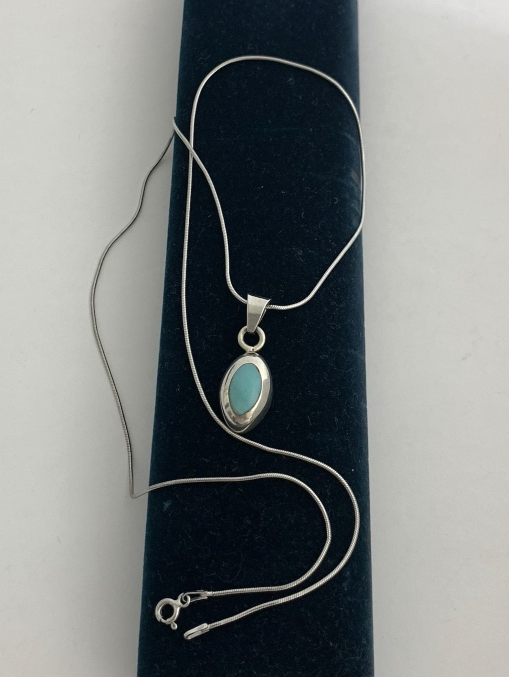 Vintage Mexico 925 Sterling Silver Necklace Blue Turquoise Inlay Pendant