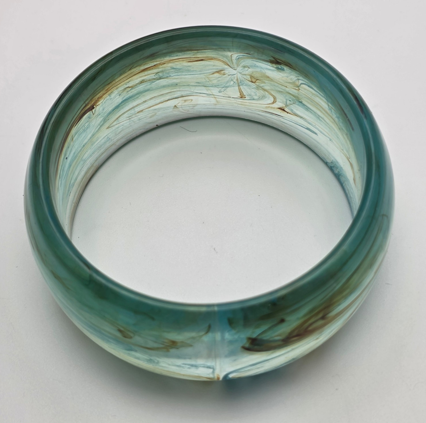Vintage Green Brown Marbled Lucite Bangle Bracelet Wide Chunky Statement 8 In