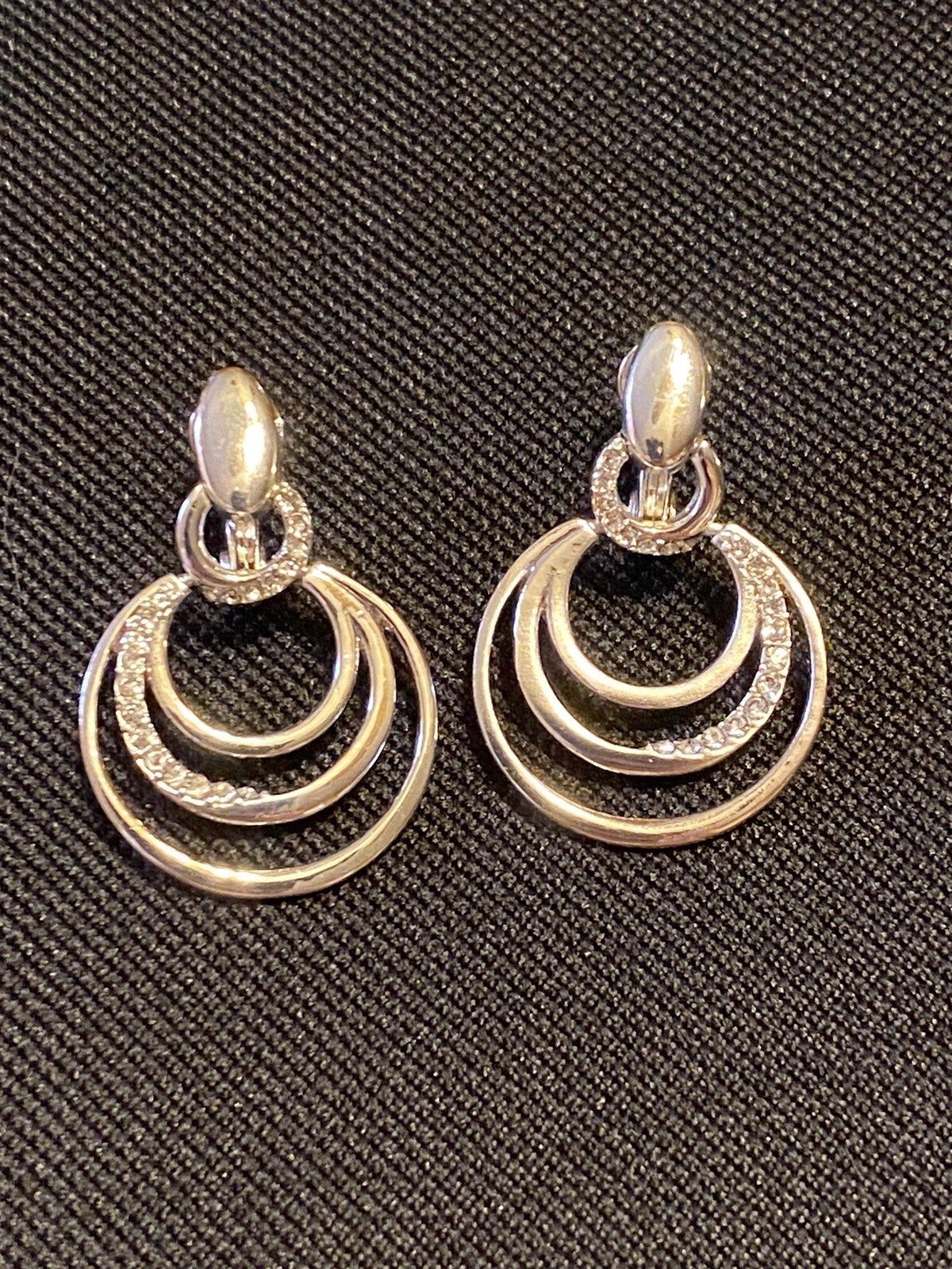 HMN Silver-tone with White Rhinestones Dangle Hoop Clip On Earrings