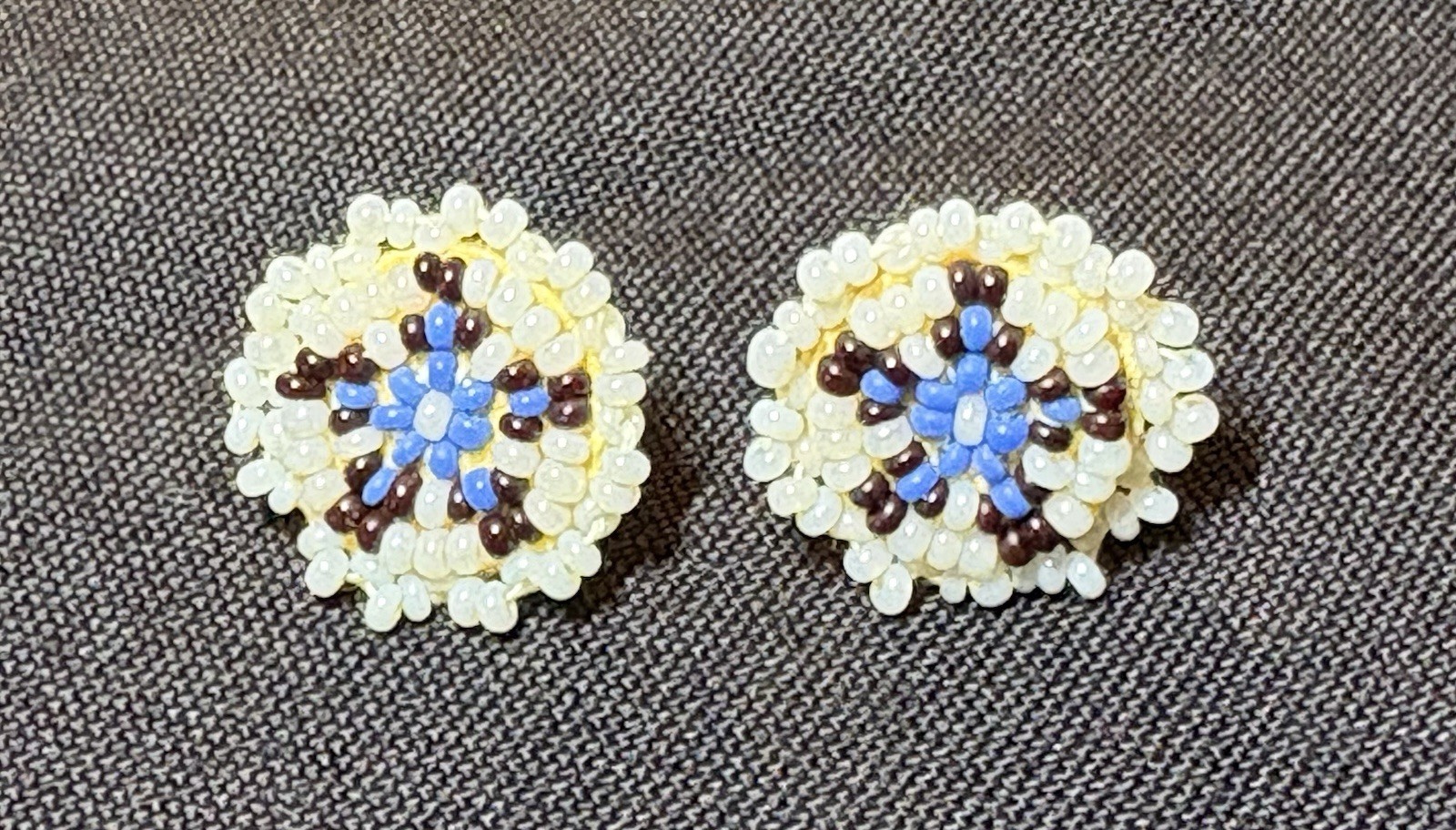 Blue, Black & White Seed Bead Starburst Screw Back Earrings Hand Sewn Vintage