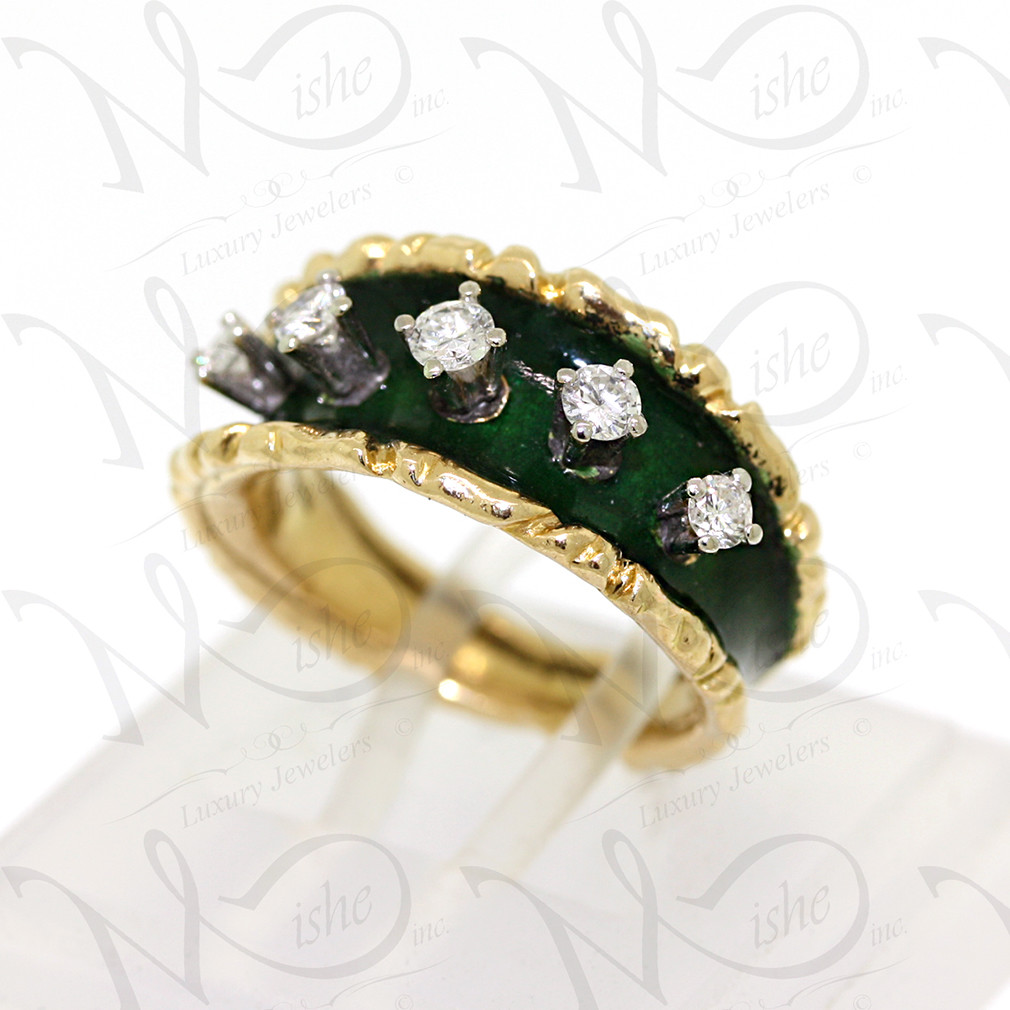 Tiffany & Co 18K Yellow Gold Diamond Green Enamel Ring Size 4.75