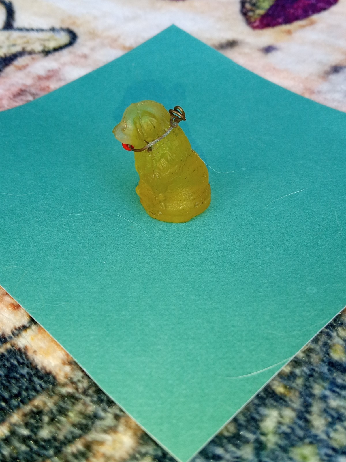Antique, Vintage Czech Yellow Dog Cracker Jack Glass Charm, Prize, 1″