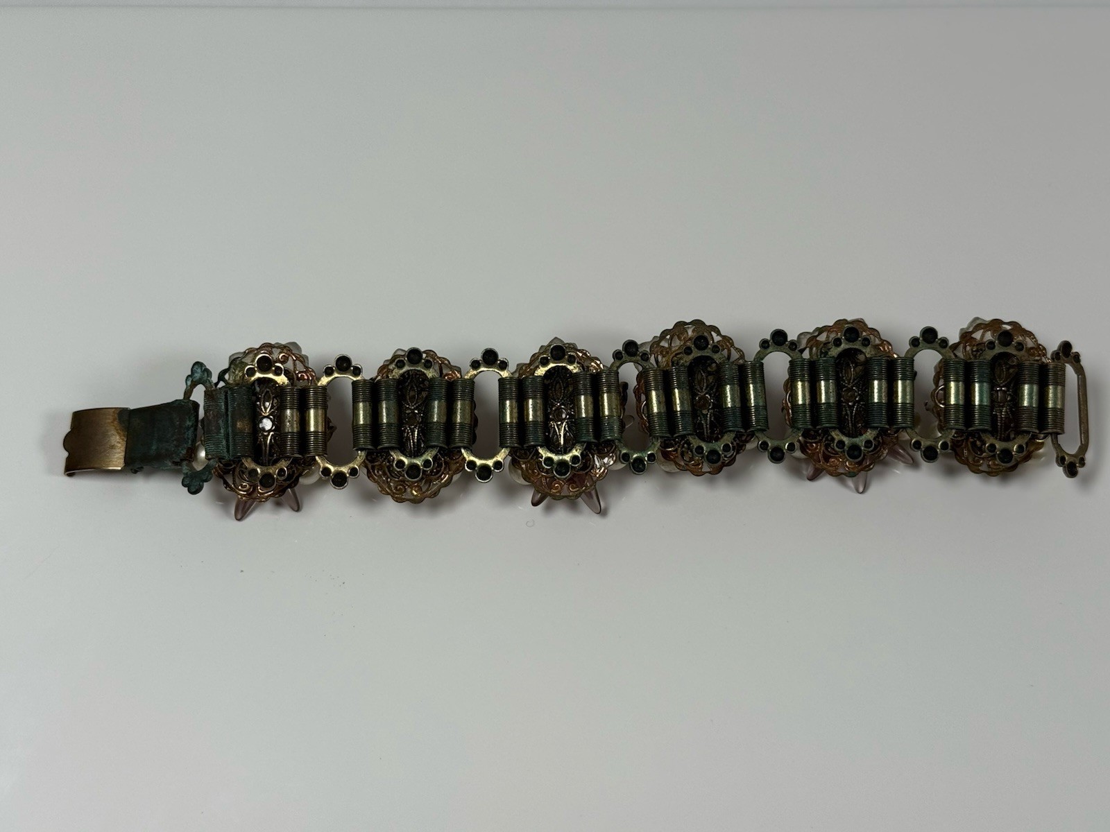 Antique Flower Glass Beaded Rhinestone Panel Bracelet 7″ Chunky 3D Book Chain