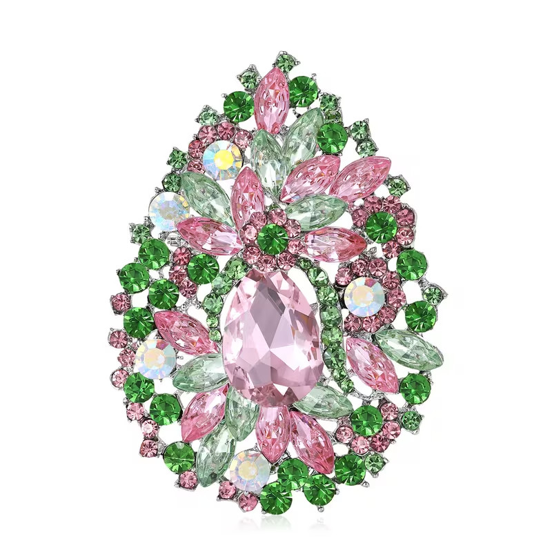 Ladies Pink & Green Rhinestone Crystal Brooch Pin – 3 3/4″ long x 2 1/2″ wide