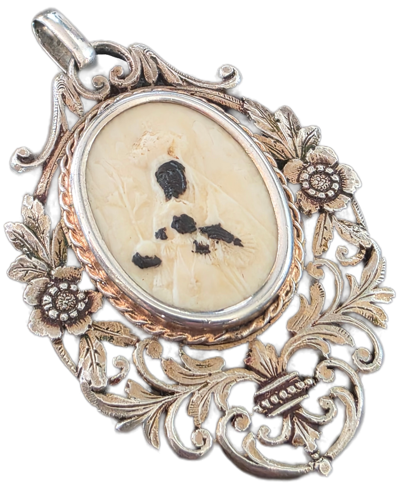 ANTIQUE BLACK MADONNA PENDANT Virgin Mary and Child Pendant Ca 1900