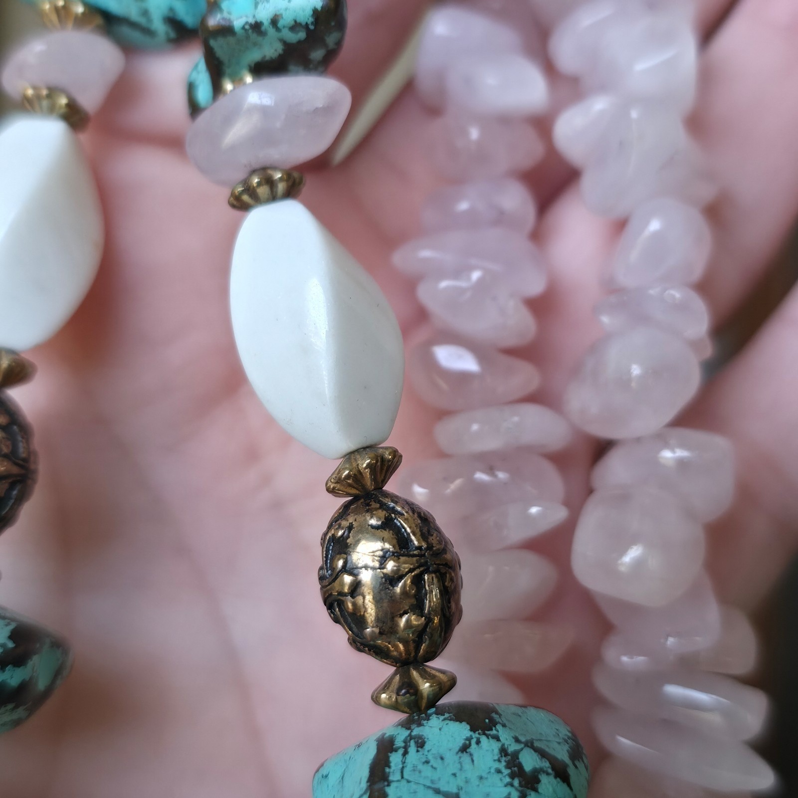 Vintage Necklace Earrings Set Acrylic Mosaic Shell Rose Quartz Howlite