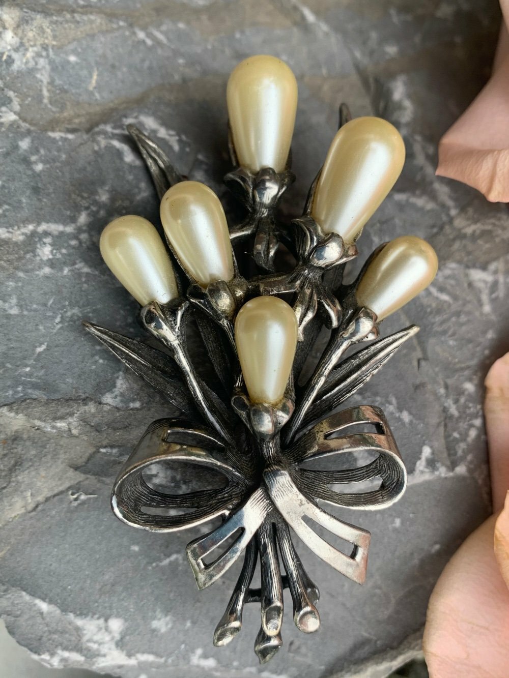 Vintage Signed Ravana Faux Pearl Floral Bouquet Designer MCM Mod Brooch / Pin