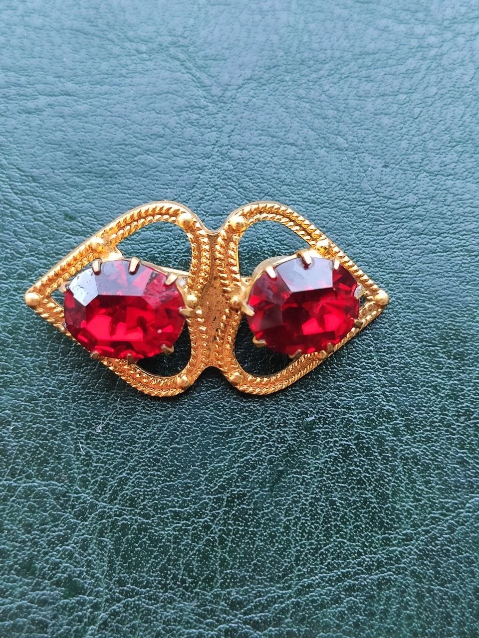 Vintage USSR Soviet Brooch Red Glass Stones Gold Plated Brass Pin 1970s 6g
