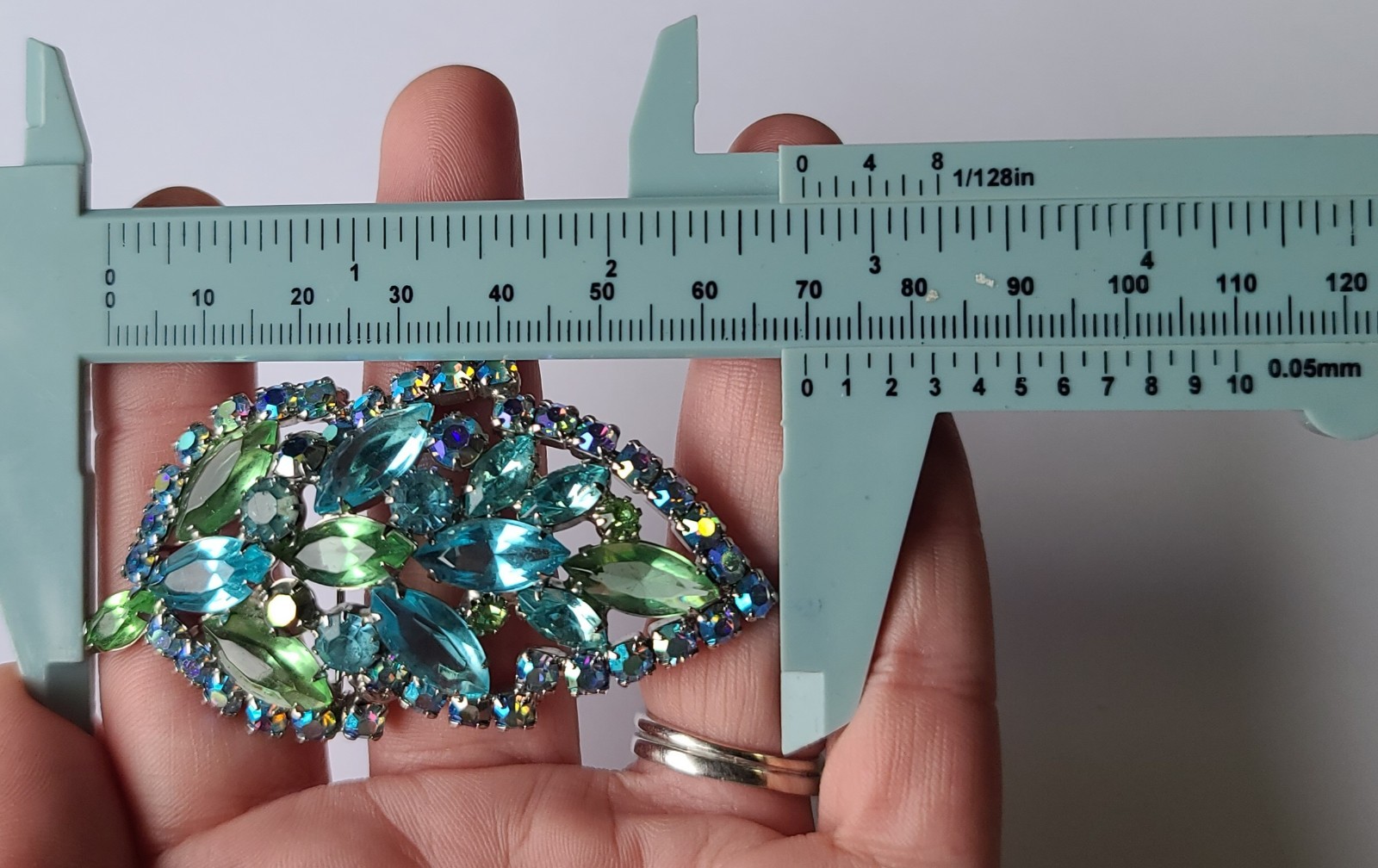 VTG MCM Aque Blue & Lime Green Rhinestone Leaf Brooch Pin (Some AB Finish)