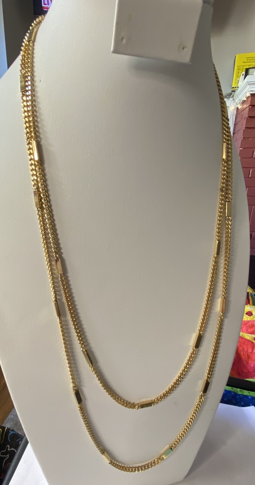 Vintage Trifari Gold Tone Bar Link Station Chain Opera Length Necklace 53.5