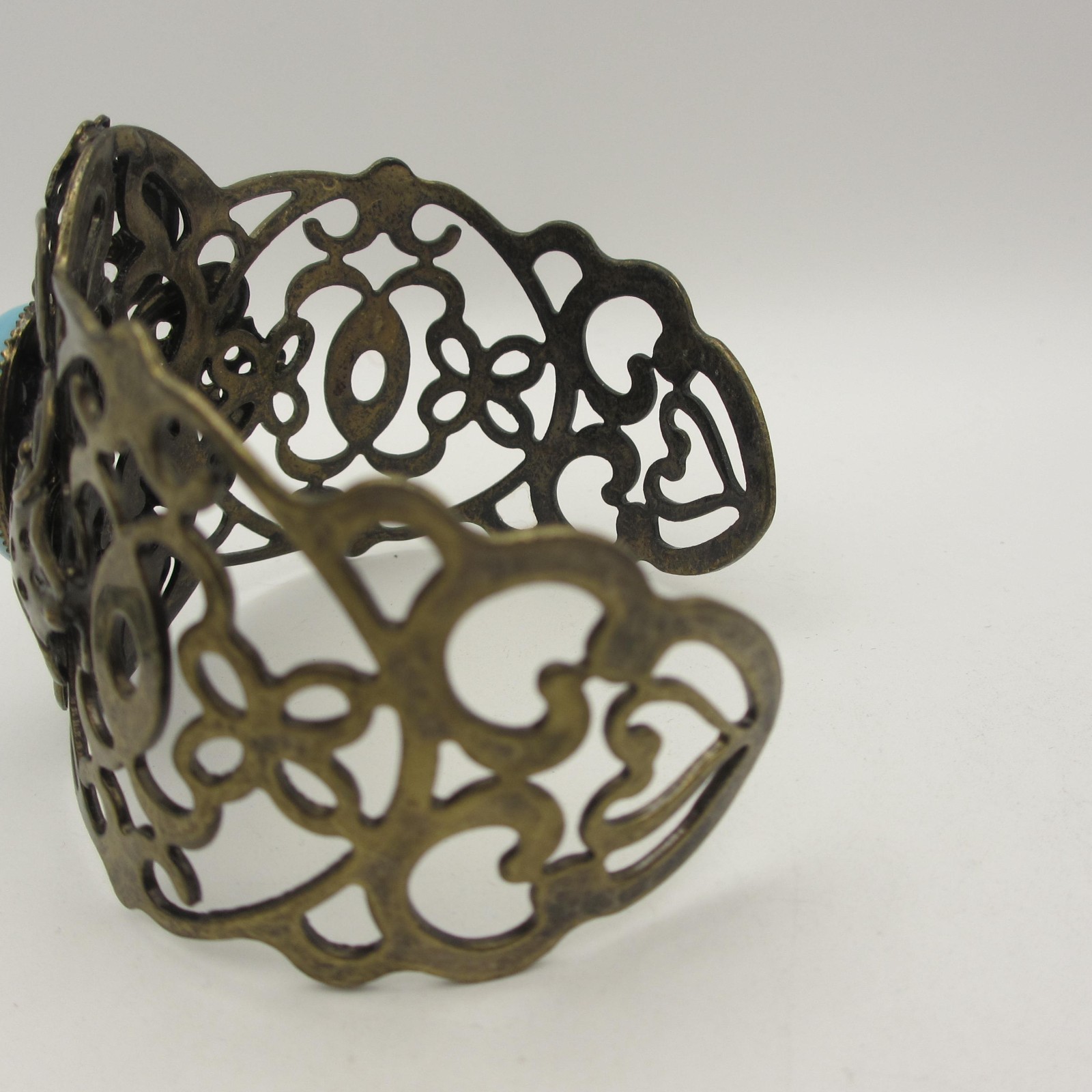 Vintage Open Cuff Bracelet Filigree Bronze Tone Blue Cabochon Statement