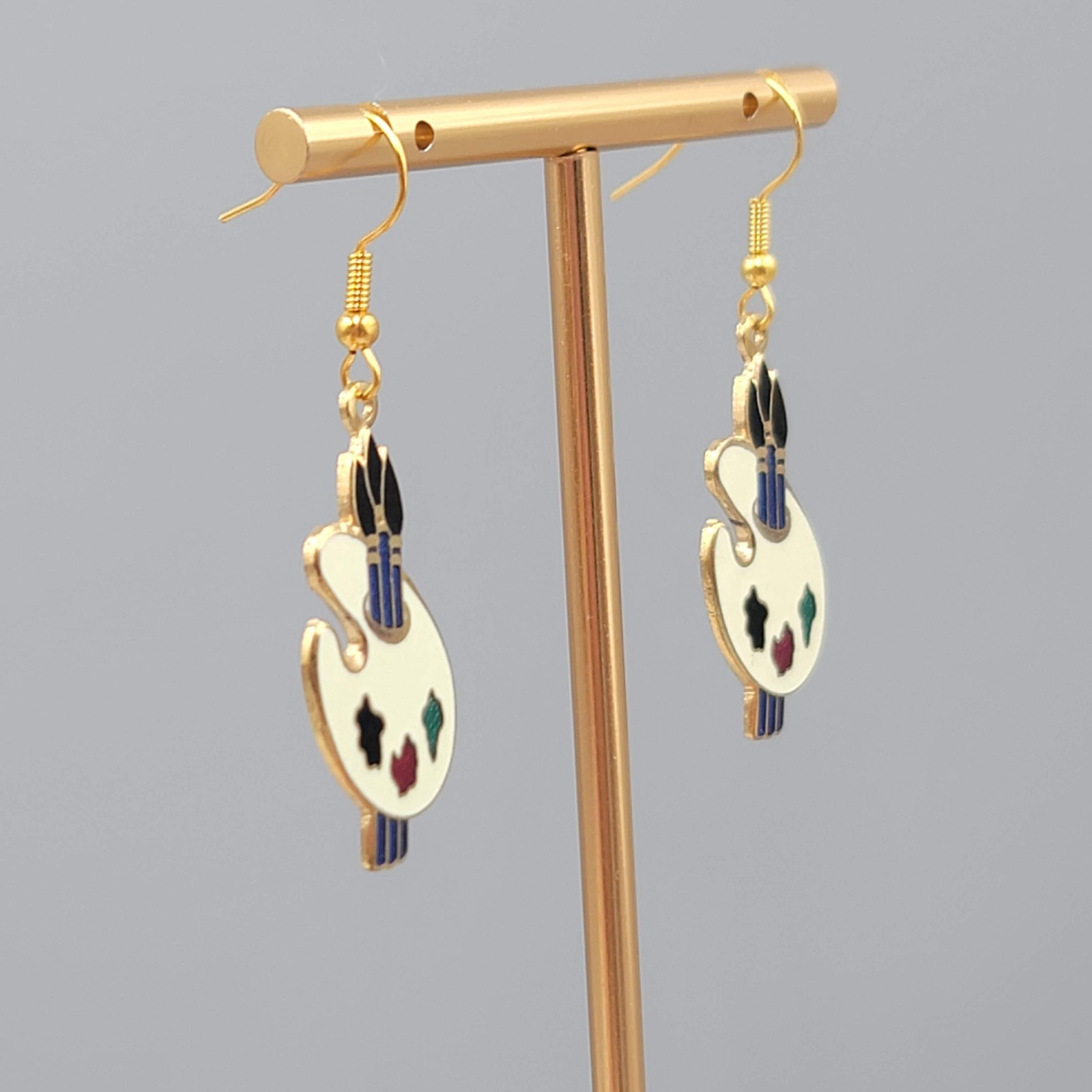 Vintage Artist Palette Cloisonne Enamel Pierced Earrings Gold tone Dangle 1.25″